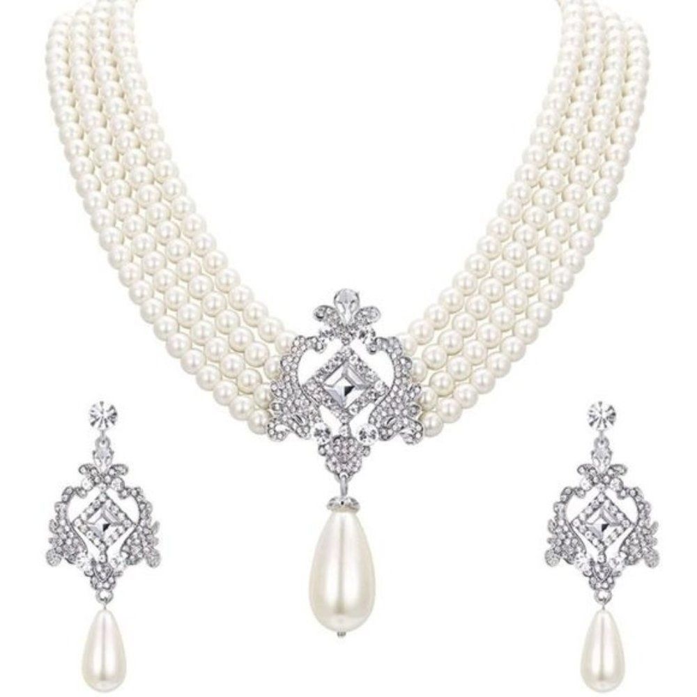 Silver Crystal & Faux Pearl Vintage Inspired Chandelier Necklace & Earrings Set
